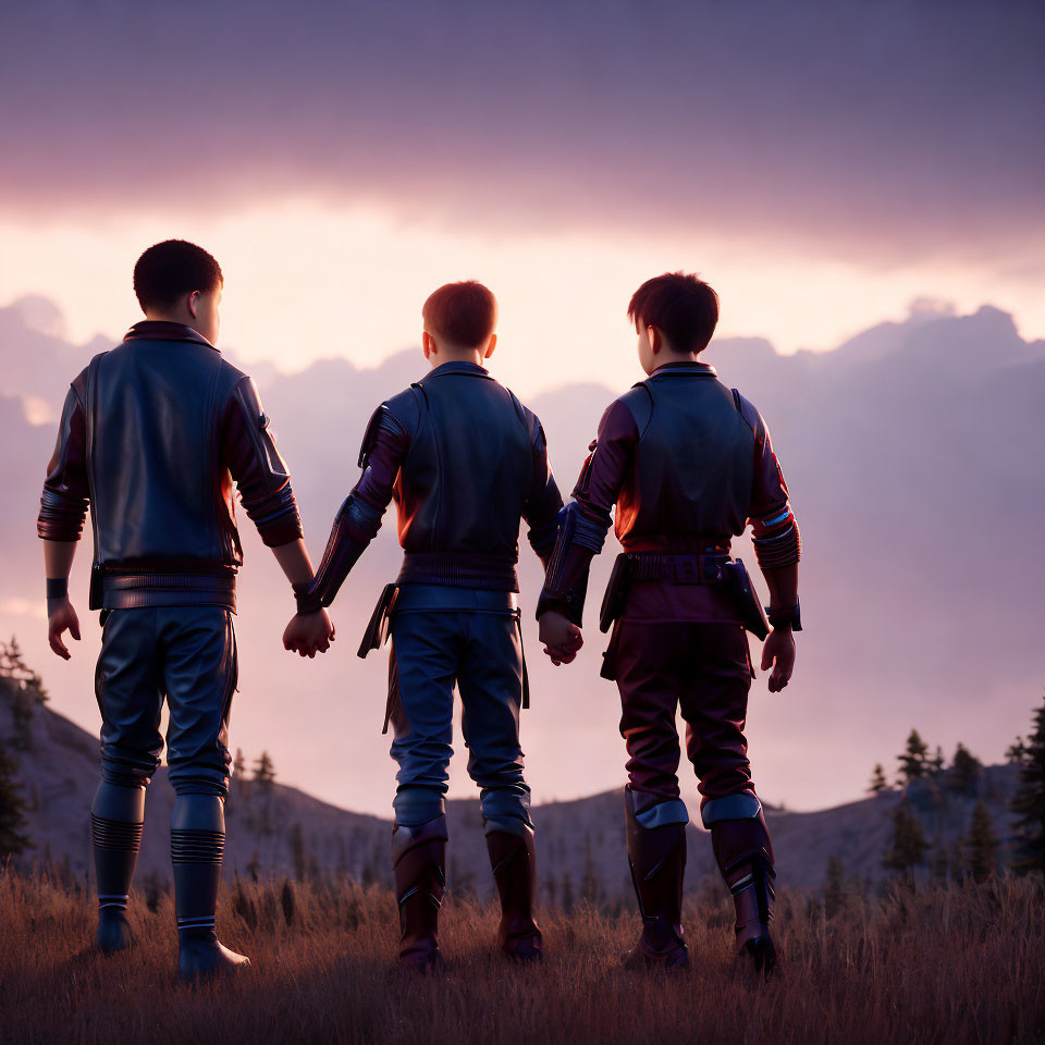 Three individuals in futuristic outfits against purple sunset with forested horizon