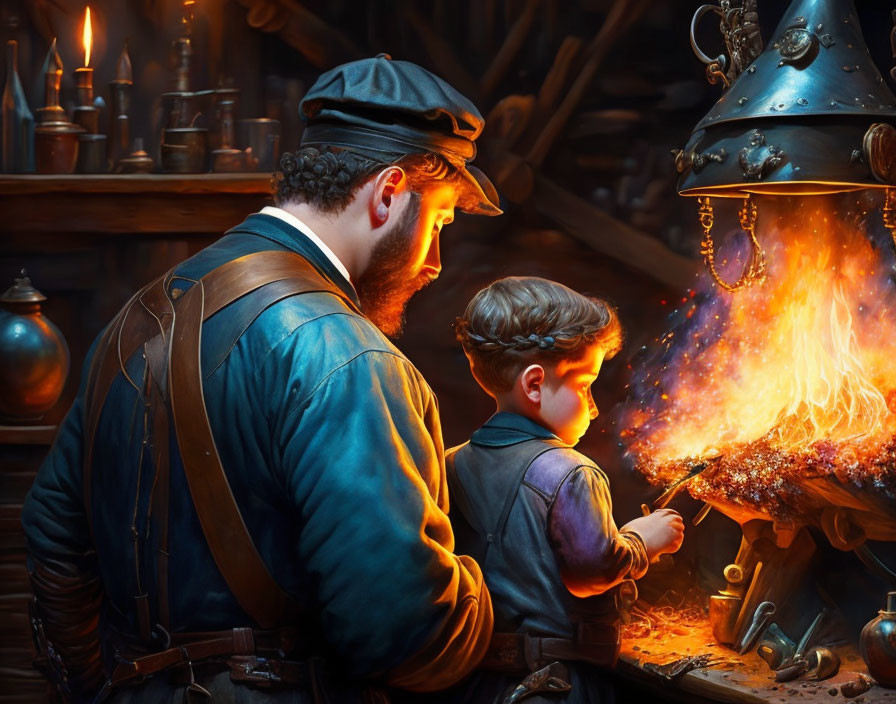 Adult and child in historical clothing blacksmithing at an anvil in warm, dimly lit workshop