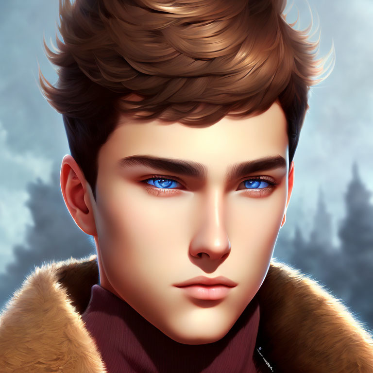 Stylized digital portrait of young man with blue eyes and brown hair