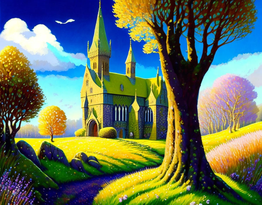 Colorful Stylized Painting: Gothic Church in Vibrant Landscape