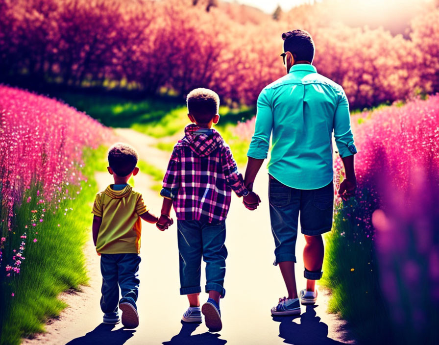 Man with two children walking among blooming pink trees
