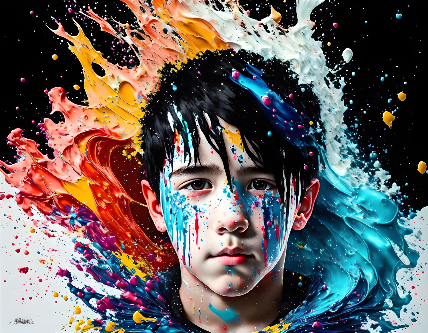 Child portrait with serious expression in vibrant paint splashes on black background