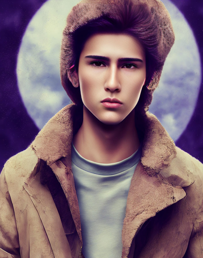 Stylized portrait of person in fur hat and suede coat on purple background with moon illustration