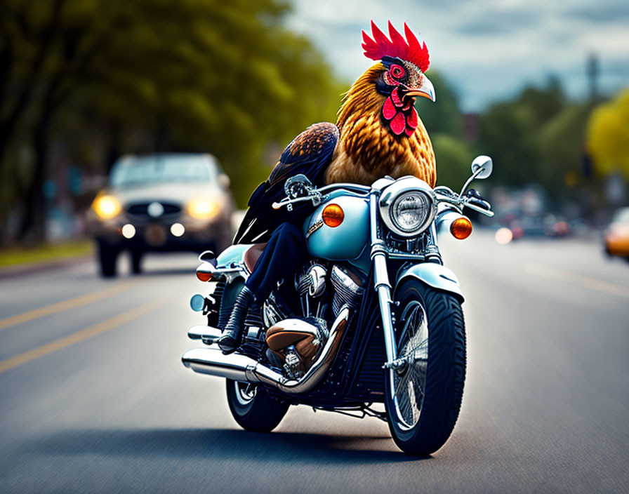 Rooster on motorcycle with vehicles in background