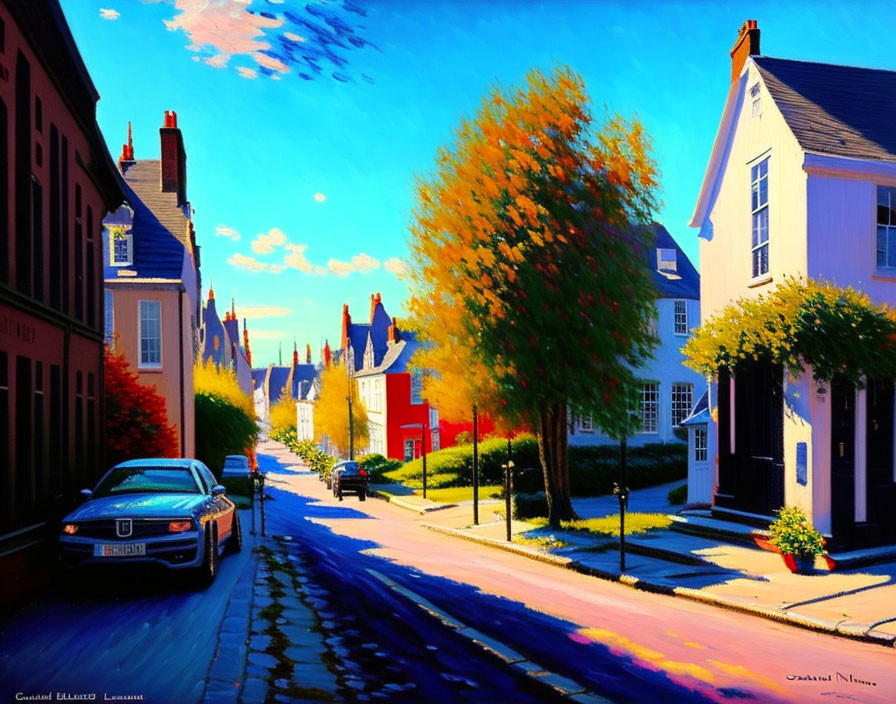 Colorful Street Scene with Houses, Trees, and Car Under Blue Sky