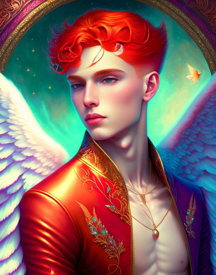 Colorful artwork featuring person with red hair, celestial wings, ornate jacket, and star background