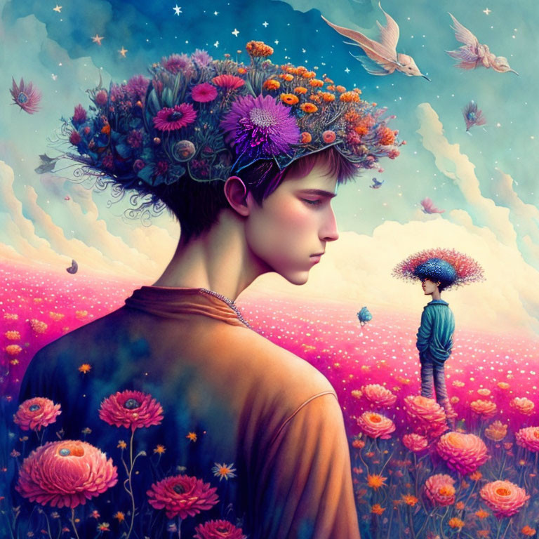 Surreal illustration of two people with blooming flowers in their heads under a starry sky