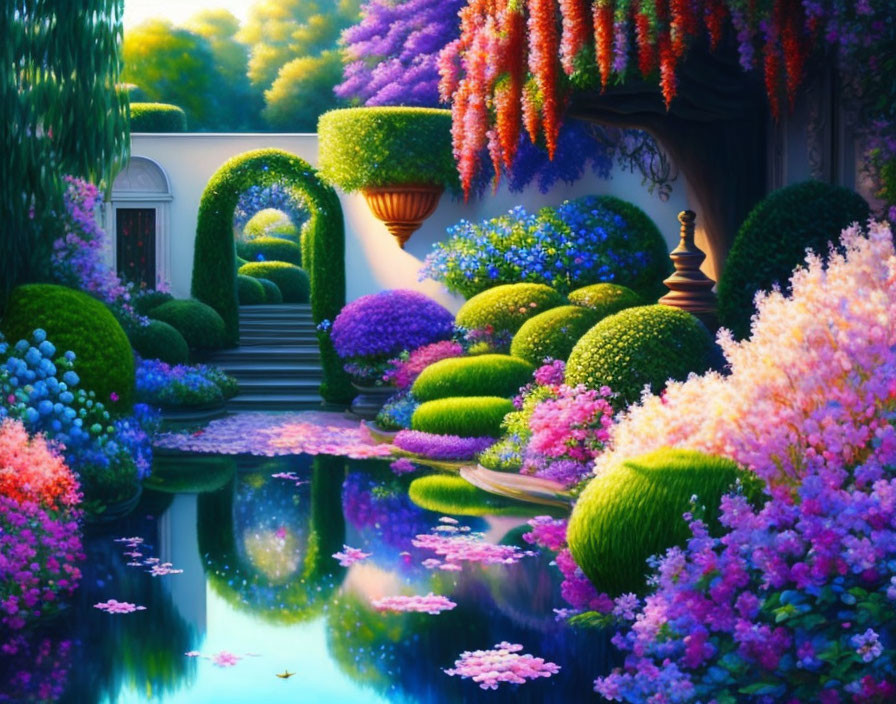 Vibrant garden with topiary shrubs, colorful blooms, wisteria, pond,