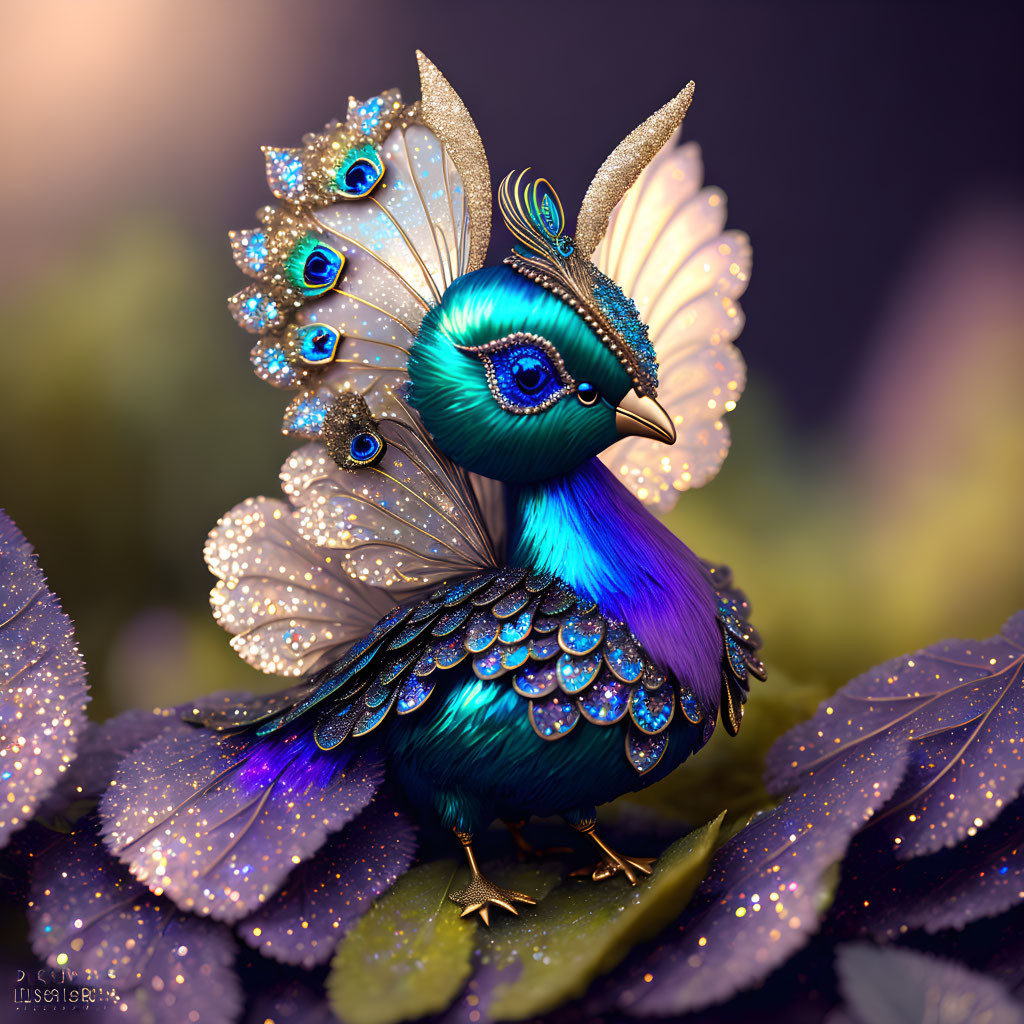 Peacock-like creature with butterfly wings and antennae on violet leaves