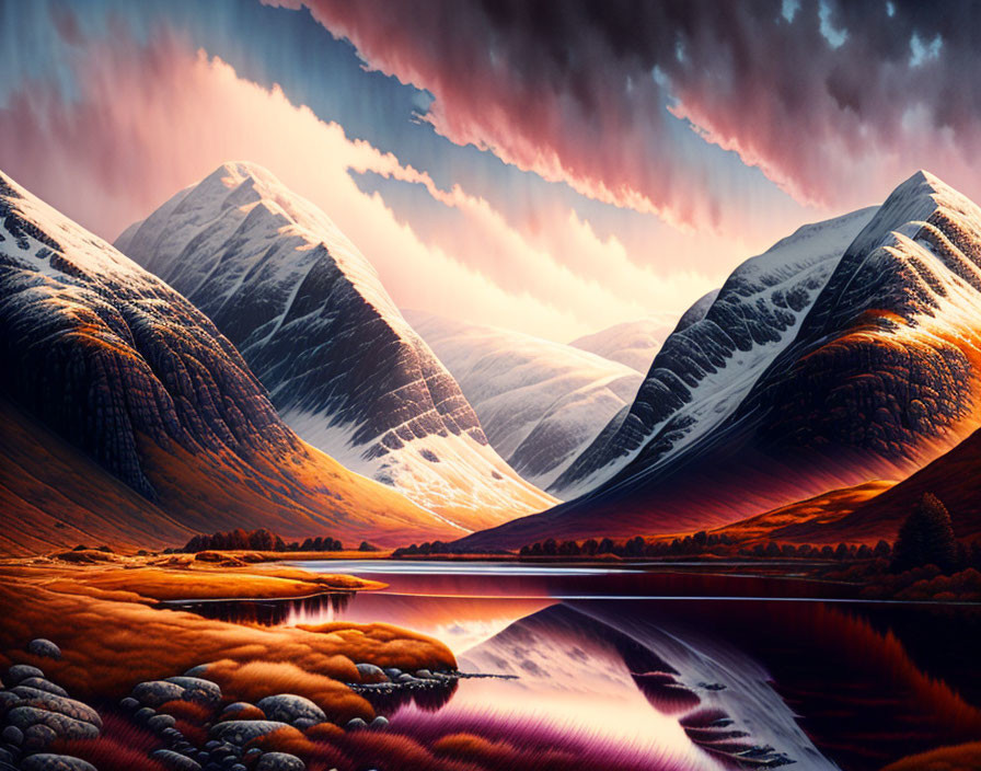 Dramatic snow-capped mountains reflected in serene lake at sunset