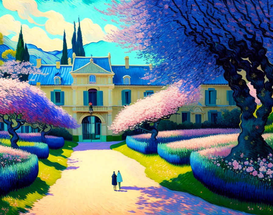 Colorful painting of grand chateau in lush garden with walking couple