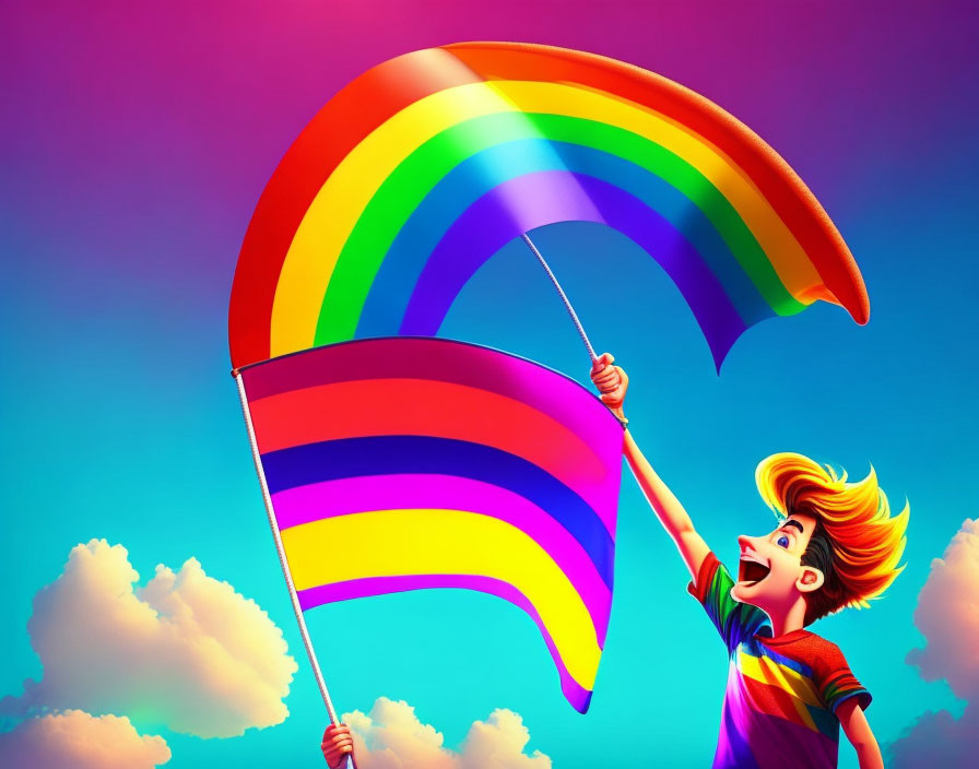 Vibrant person with rainbow flag under pink and blue sky