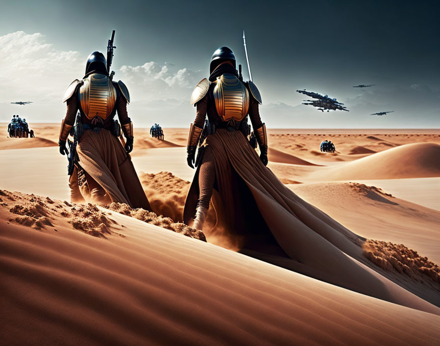 Armored figures, droids, and ships in desert dune scenery