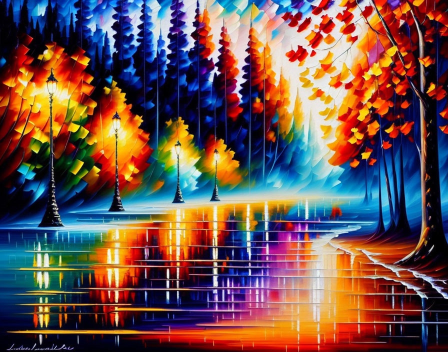 Colorful Forest Painting with Autumn Foliage and River Reflections