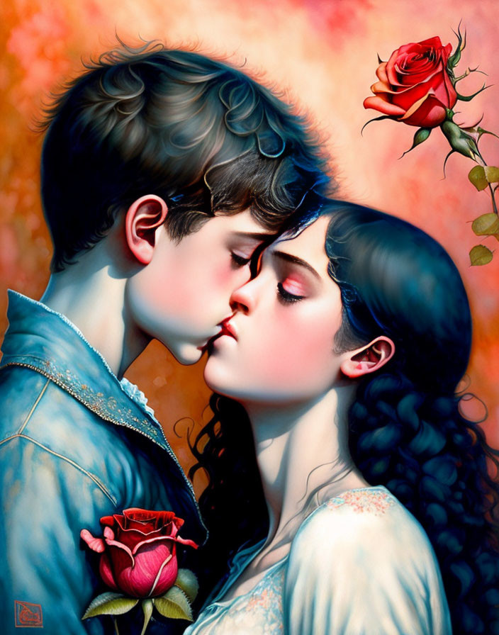 Stylized painting of young couple embracing with red rose