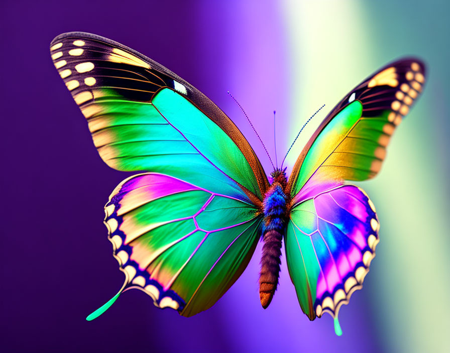 Colorful Butterfly with Green and Purple Wings on Blurry Background