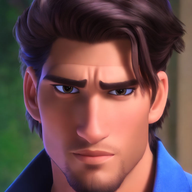 Brown-haired male character with thick eyebrows and blue shirt in 3D animation