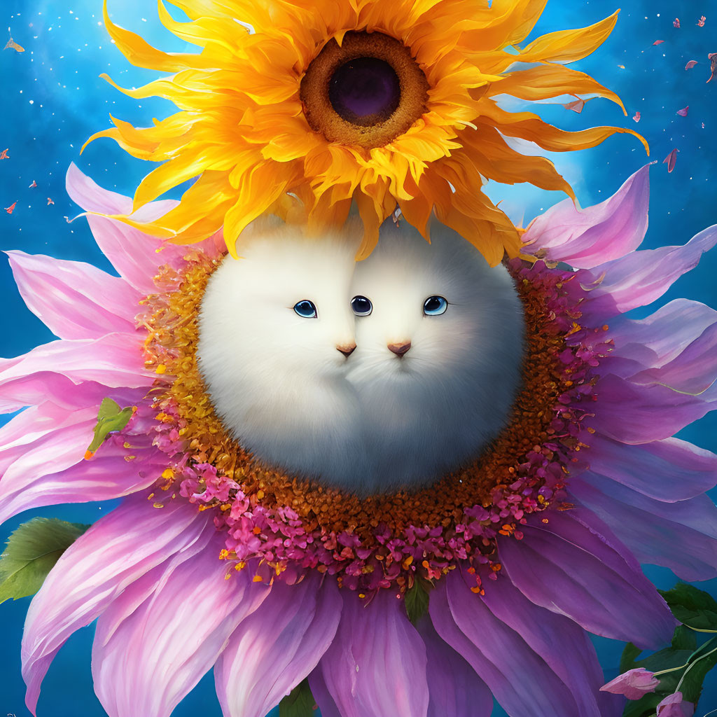 Illustration of creature with two cat faces, sunflowers, pink petals, starry blue background