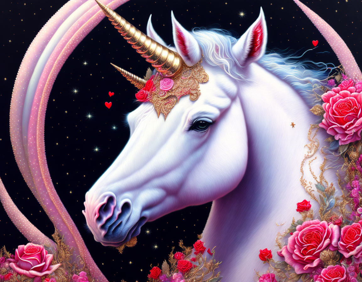 Majestic white unicorn with golden horn and roses in pink fantasy scene