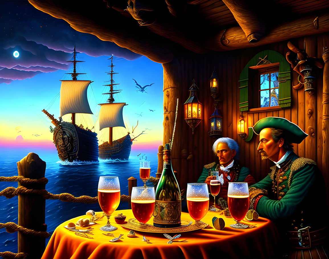 Elegantly dressed figures at candlelit table by window overlooking tall ship at dusk