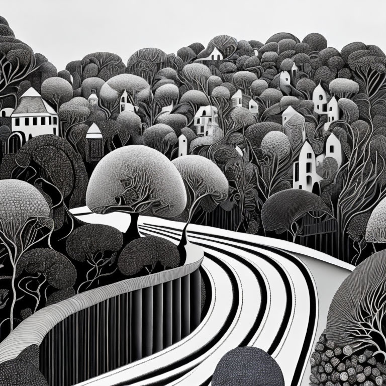 Monochrome surreal landscape with intricate trees and whimsical houses