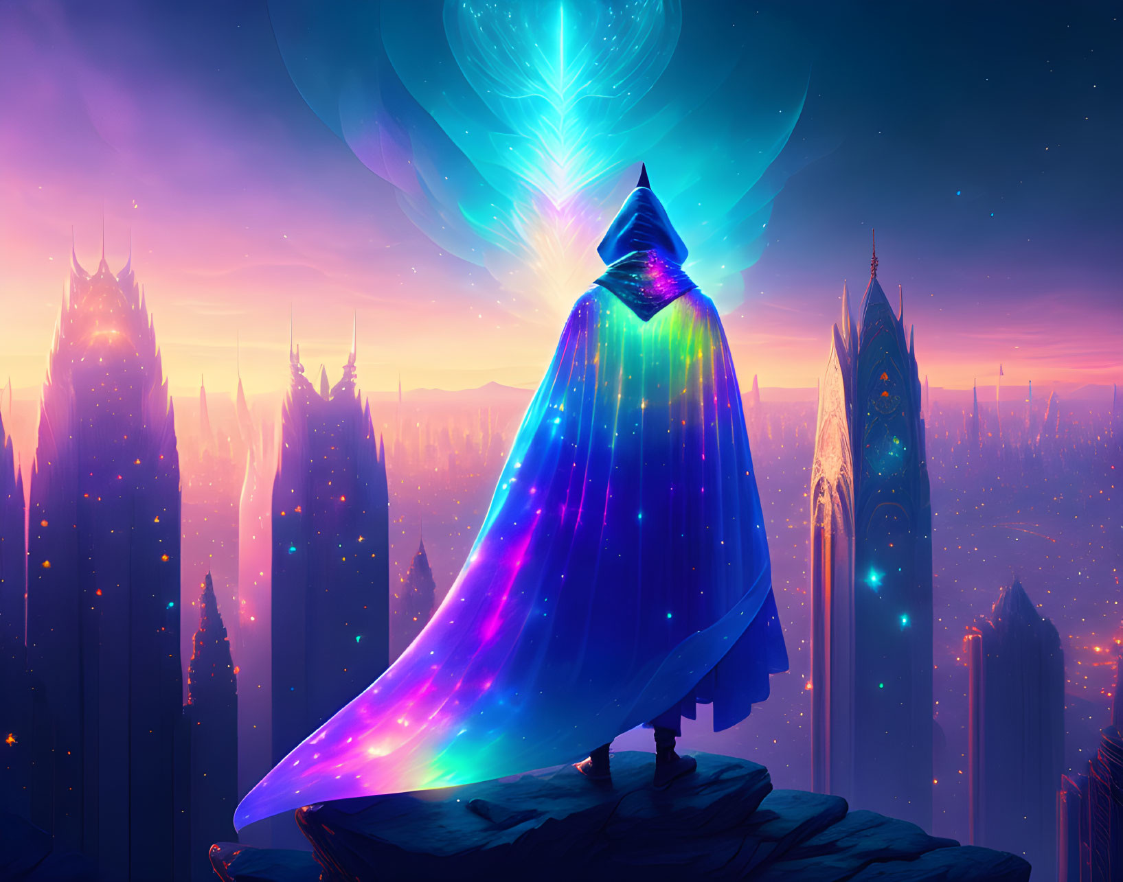 Cloaked figure on cliff gazes at futuristic city under alien sky