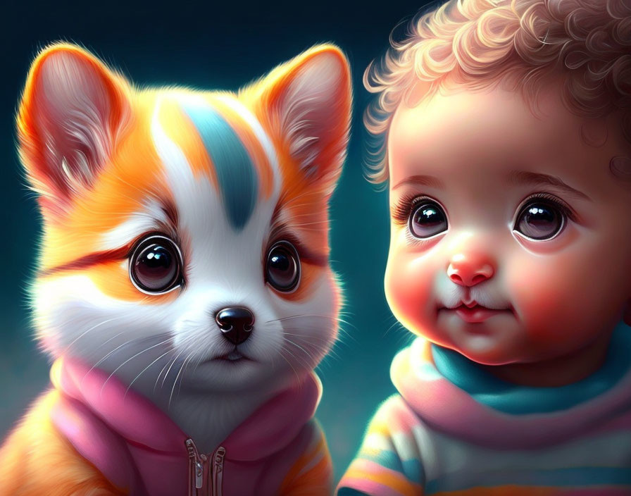 Charming digital illustration of baby and puppy together
