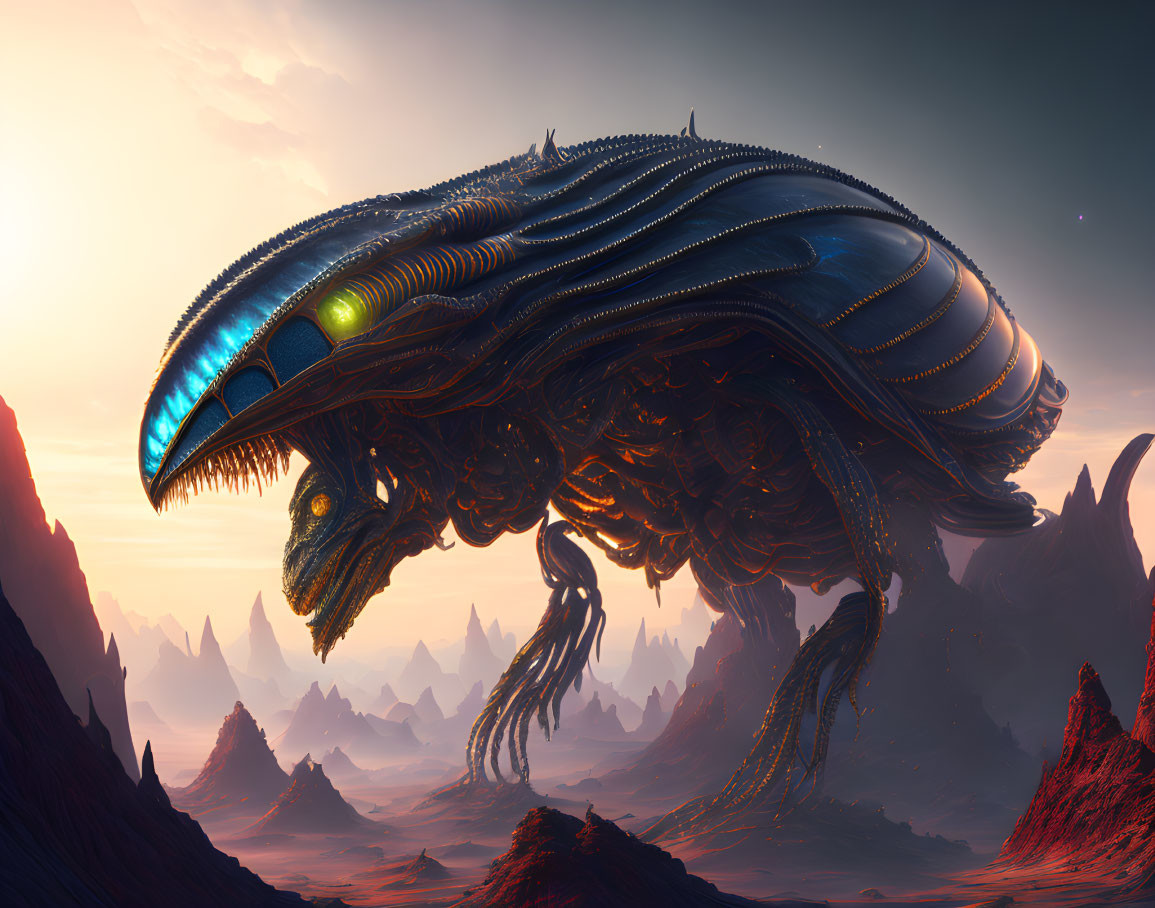 Giant biomechanical creature on alien landscape at dusk