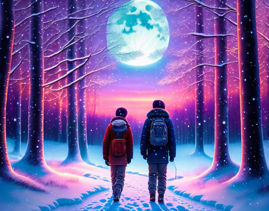 Snowy Path Through Vibrant Purple and Blue Forest with Glowing Moon