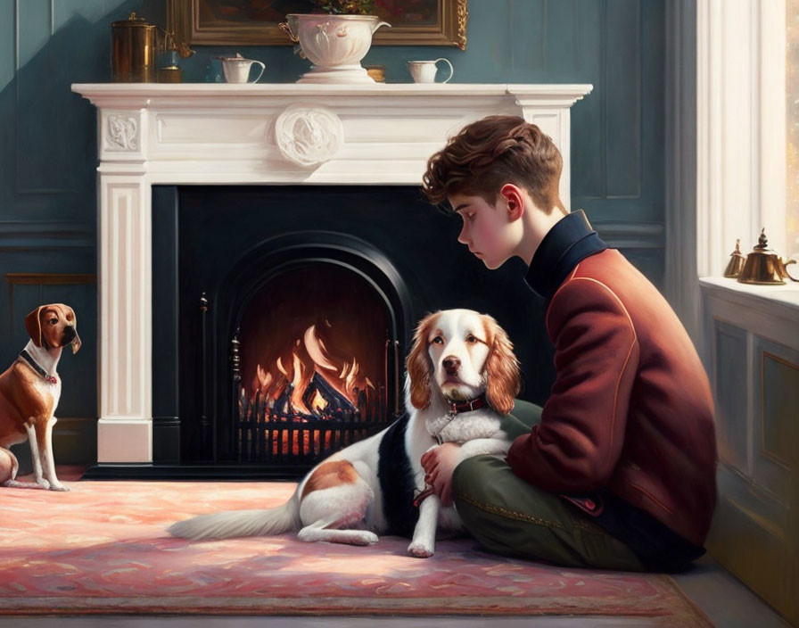 Boy in red sweater petting white and brown dog by fireplace, second dog nearby.