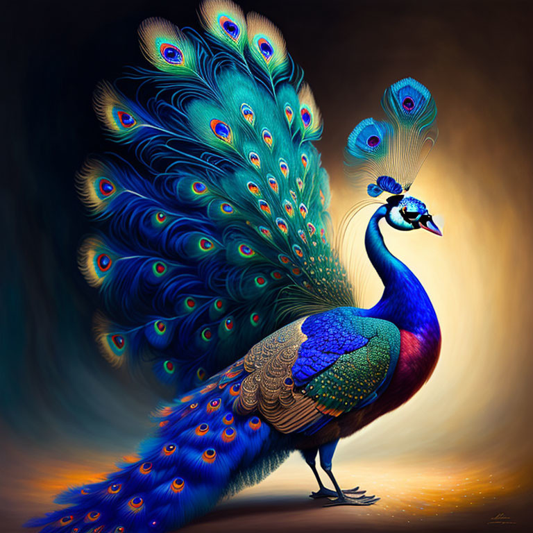 Colorful Peacock Illustration Featuring Brilliant Blues, Greens, and Gold