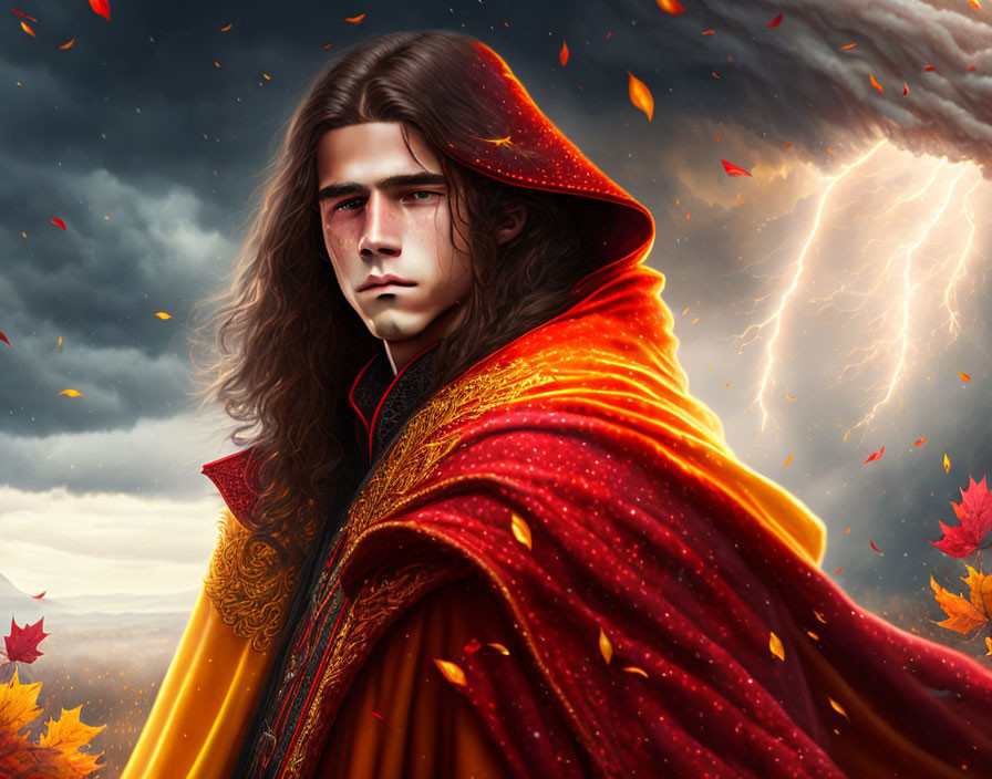 Young man in red cloak under stormy sky with lightning and falling leaves