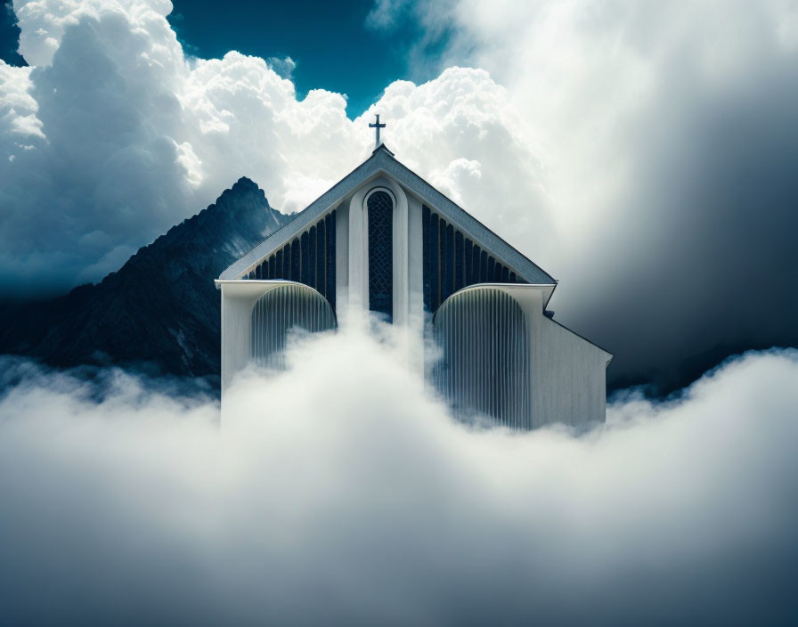 Church with Cross Above Clouds and Mountains