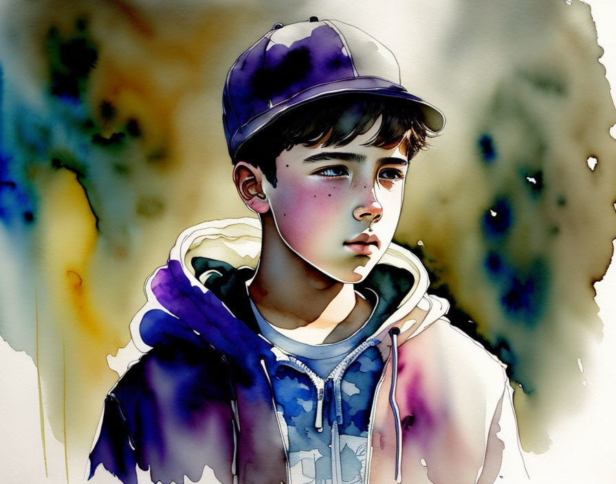Boy in Baseball Cap and Hoodie with Vibrant Watercolor Background
