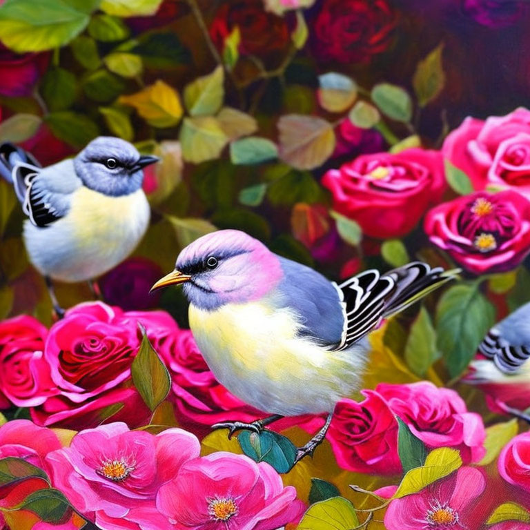 Colorful Birds Among Pink and Red Roses with Dark Foliage