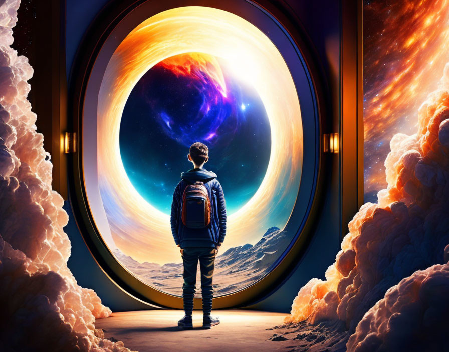 Person gazes into vibrant cosmic vista through circular portal