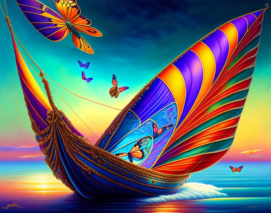 Fantasy sailboat with butterfly-like sails on calm water at sunset