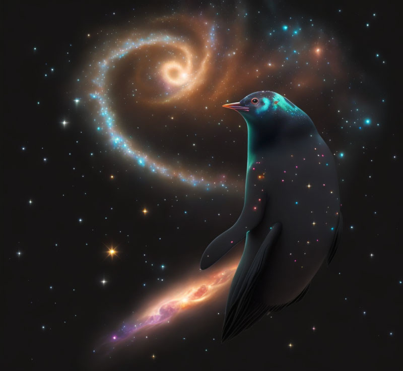 Surreal penguin on cosmic background with galaxy and stars