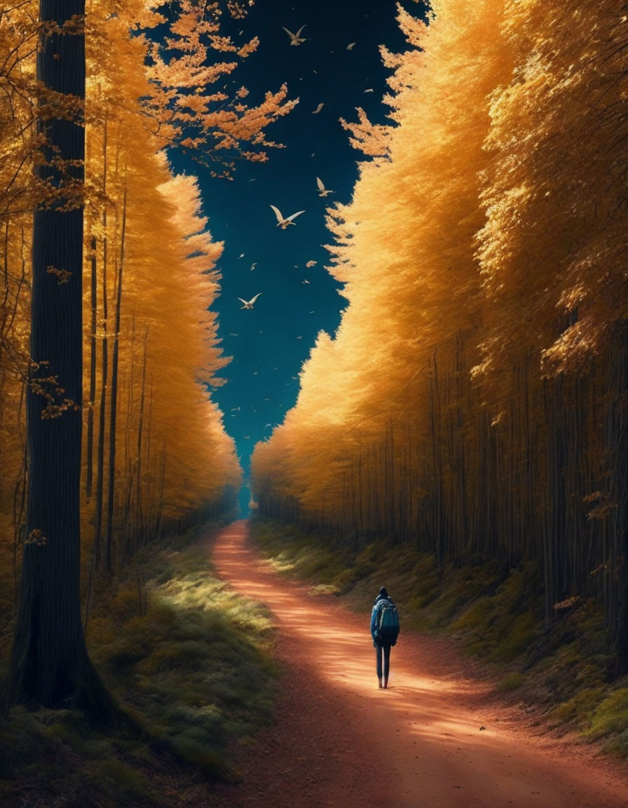 Person walking on forest path with golden-leaved trees and birds in flight.