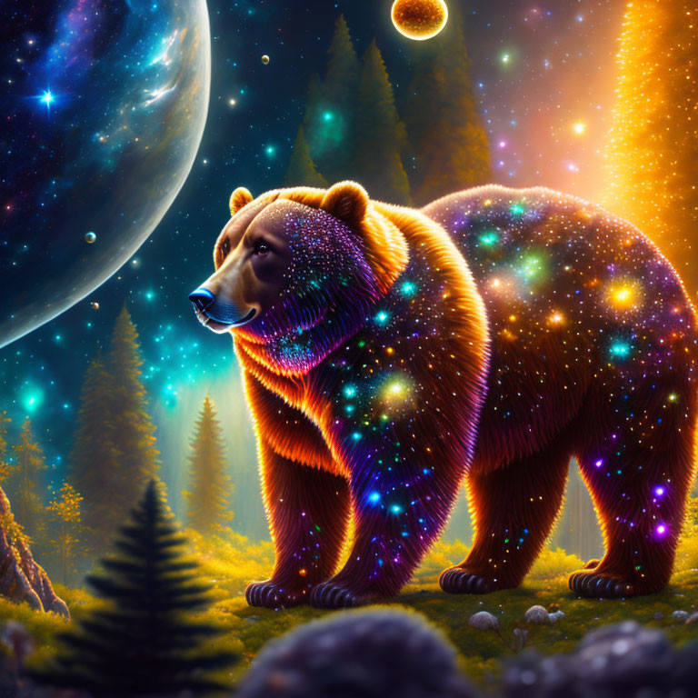 Starry cosmic bear in mystical forest under night sky with planets