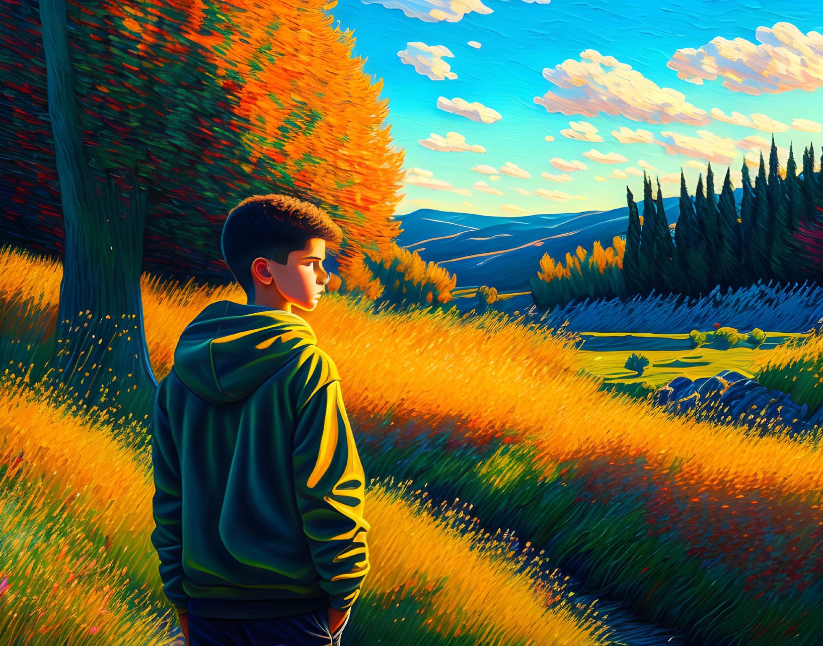 Young man in green hoodie in vibrant autumn landscape