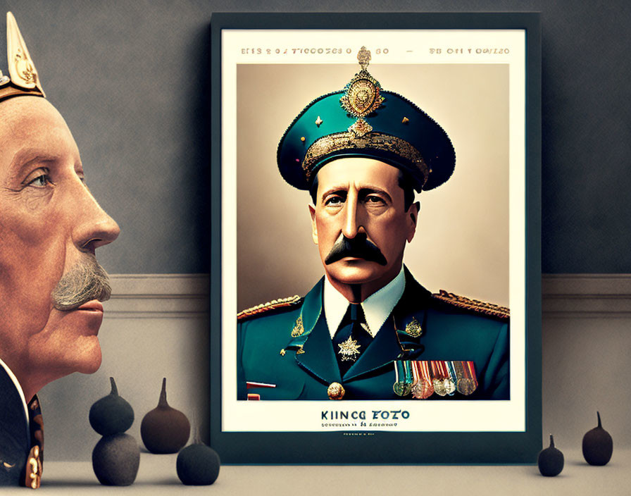 Portrait of man with large moustache mirrors military figure on wall