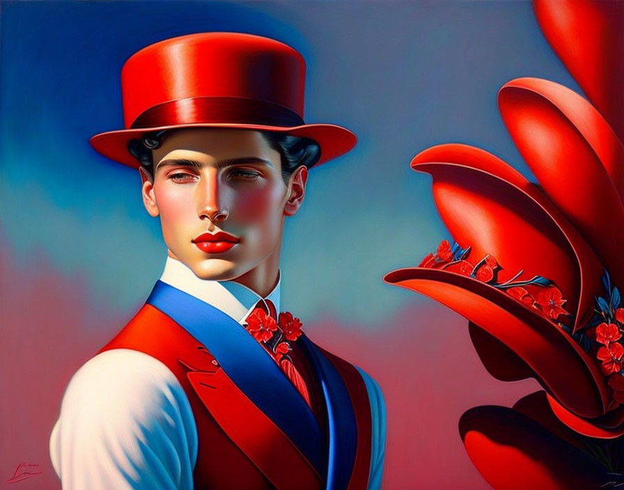 Stylized portrait of a person in red top hat, blue vest, red tie