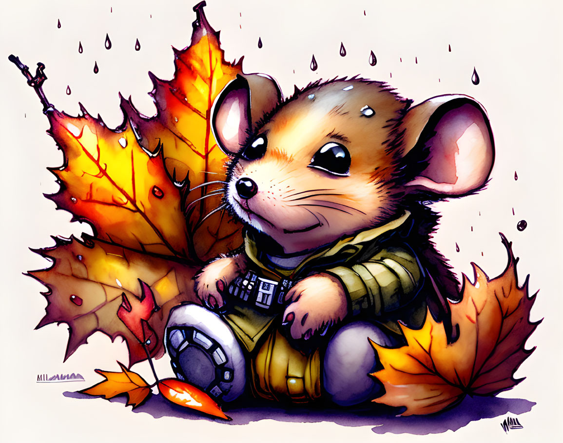 Cartoon illustration of cute mouse with acorn in green jacket amidst autumn leaves and water droplets.
