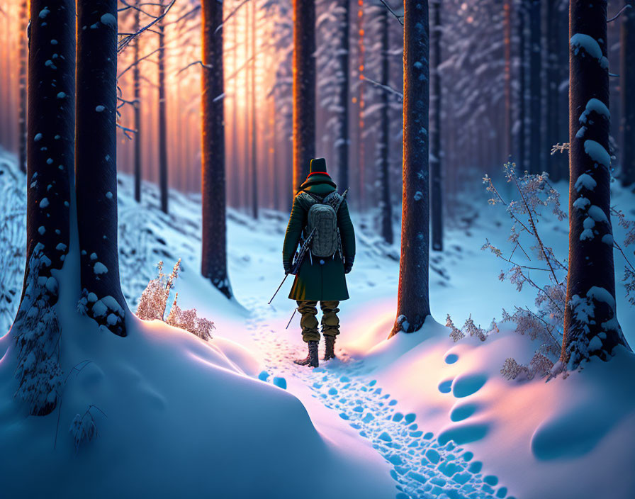 Person in winter coat walking snowy forest with sun rays and footprints