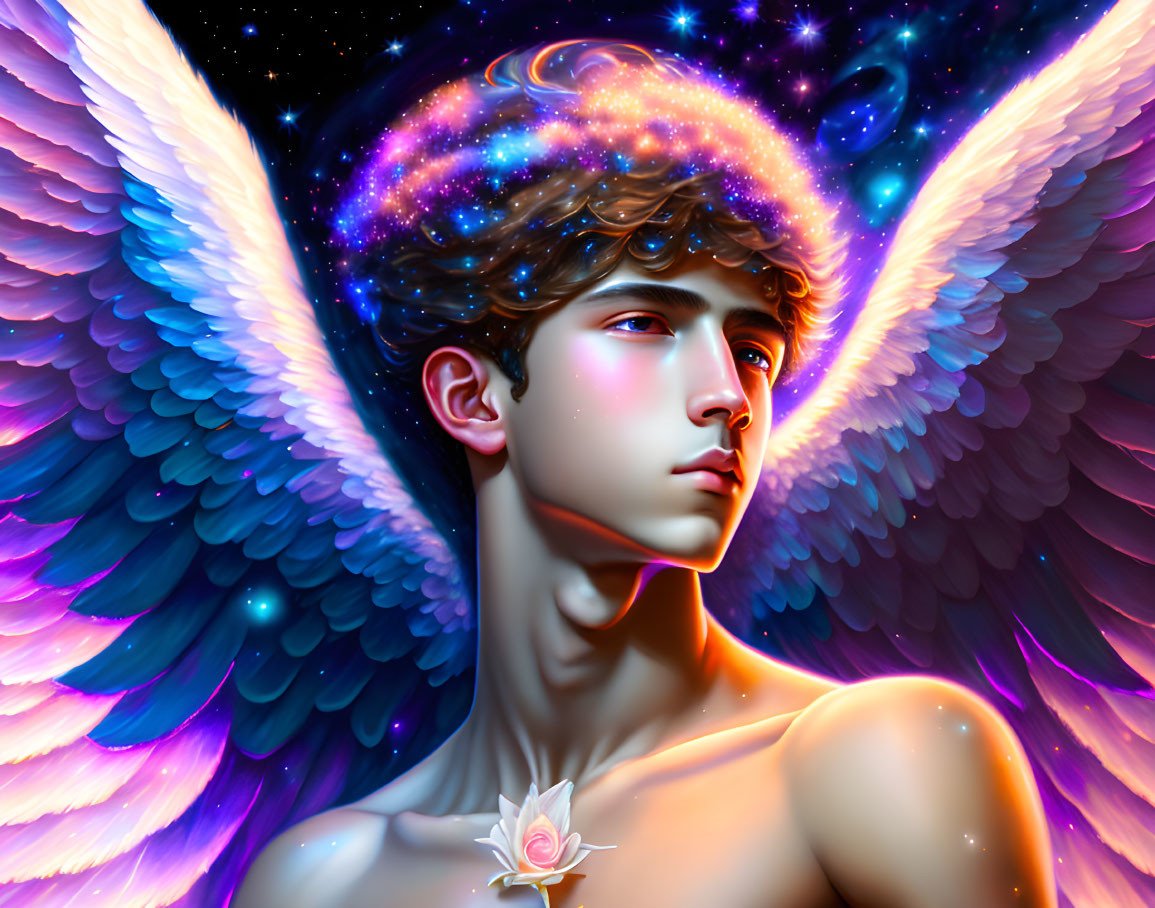 Angel digital artwork with blue wings, cosmic halo, serene expression, white rose