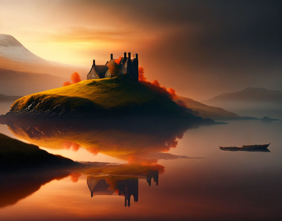 Castle on Hill Reflecting in Water at Sunset with Boat