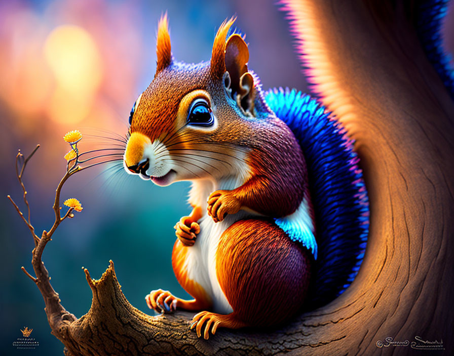 Colorful squirrel illustration on tree branch at sunset