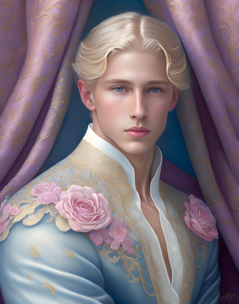 Young man in blue and gold jacket with pink roses against purple curtains