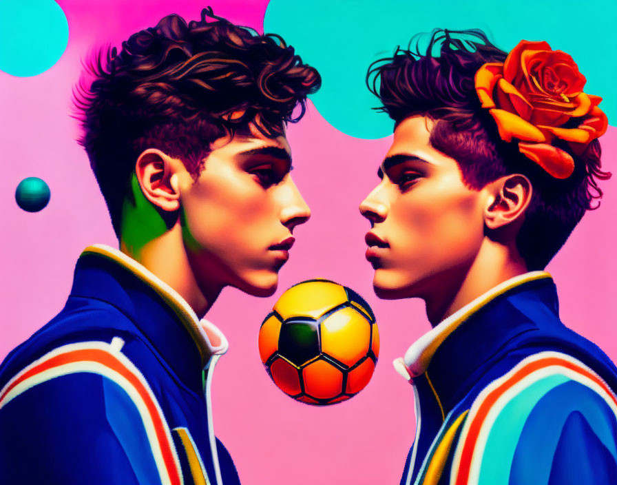 Stylized male figures with roses and soccer ball on vibrant background